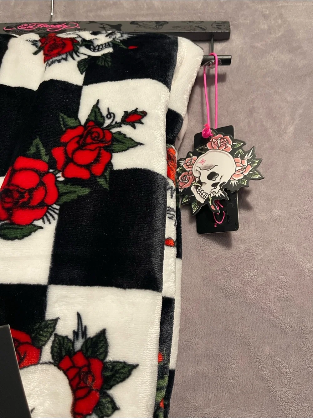 Ed Hardy Black, White & Red Rose Skull Printed Plush Oversized Throw 60”x70”